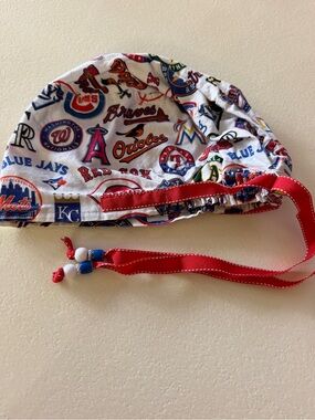 MLB Baseball Print Scrub Cap with Red Ties